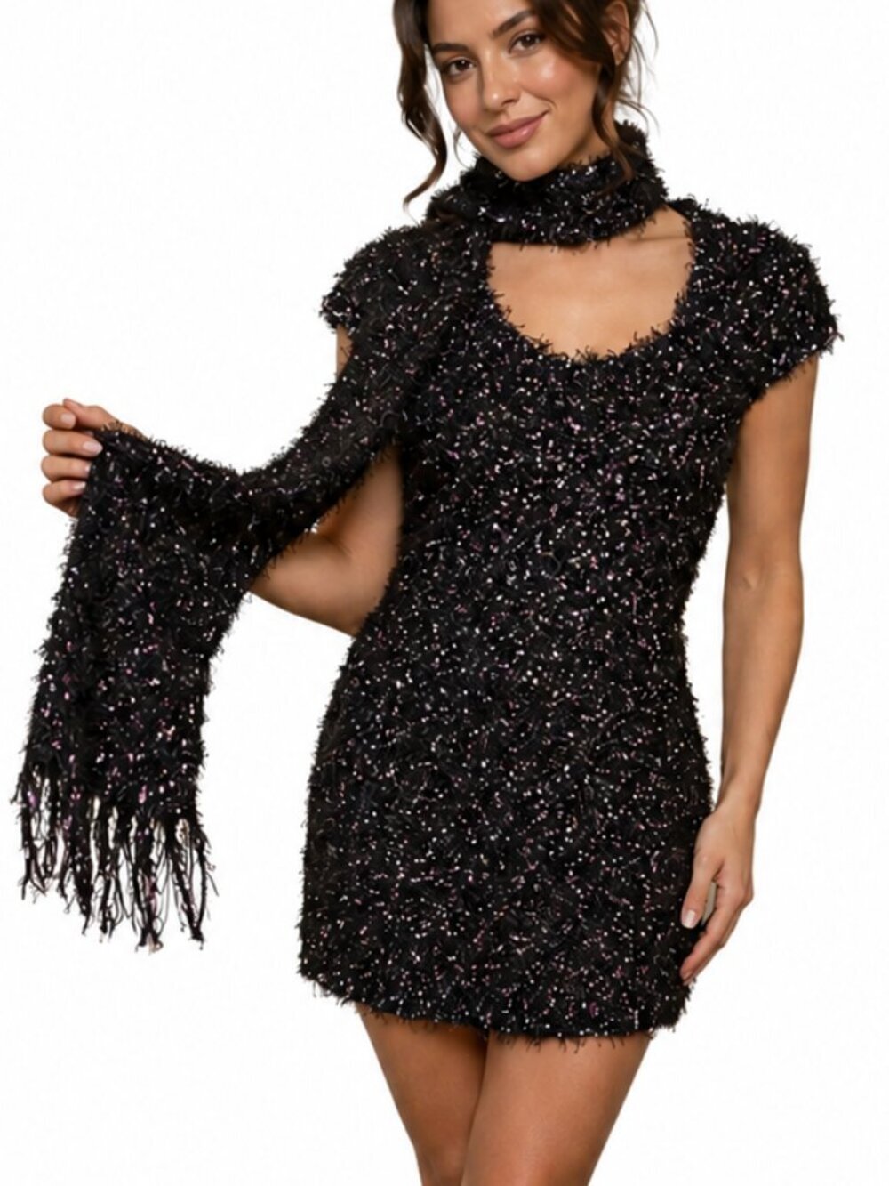 Papillon colourful fuzzy knit sweater dress matching knit scarf Women's Size M